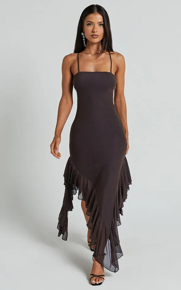 Showpo Constantina Midi Dress 8211 Asymmetric Ruffle Tie Back Dress In Dark Chocolate Women Dresses