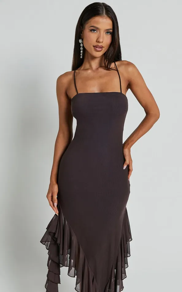 Showpo Constantina Midi Dress 8211 Asymmetric Ruffle Tie Back Dress In Dark Chocolate Women Dresses