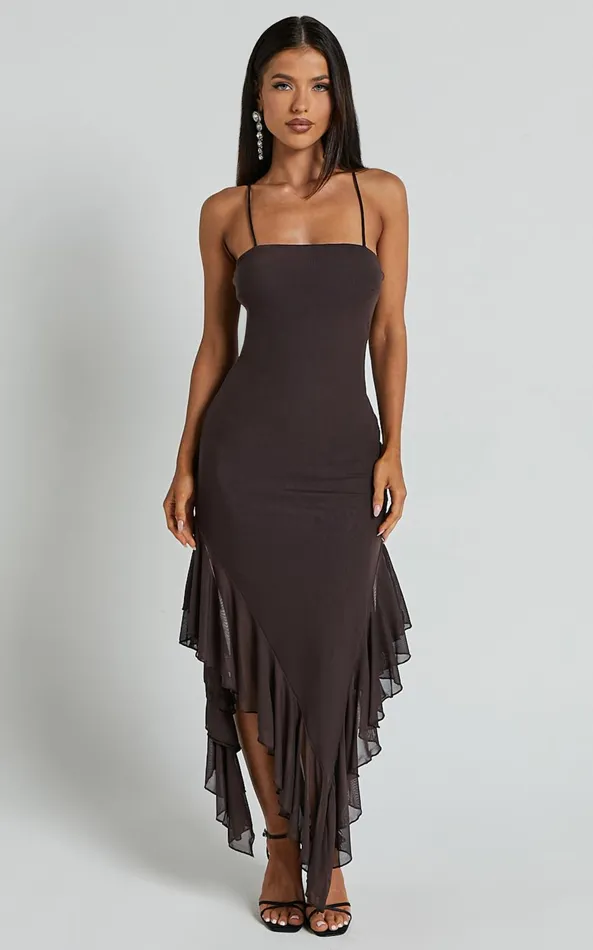 Showpo Constantina Midi Dress 8211 Asymmetric Ruffle Tie Back Dress In Dark Chocolate Women Dresses