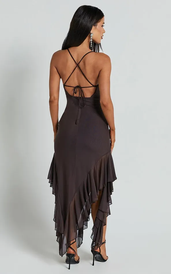 Showpo Constantina Midi Dress 8211 Asymmetric Ruffle Tie Back Dress In Dark Chocolate Women Dresses