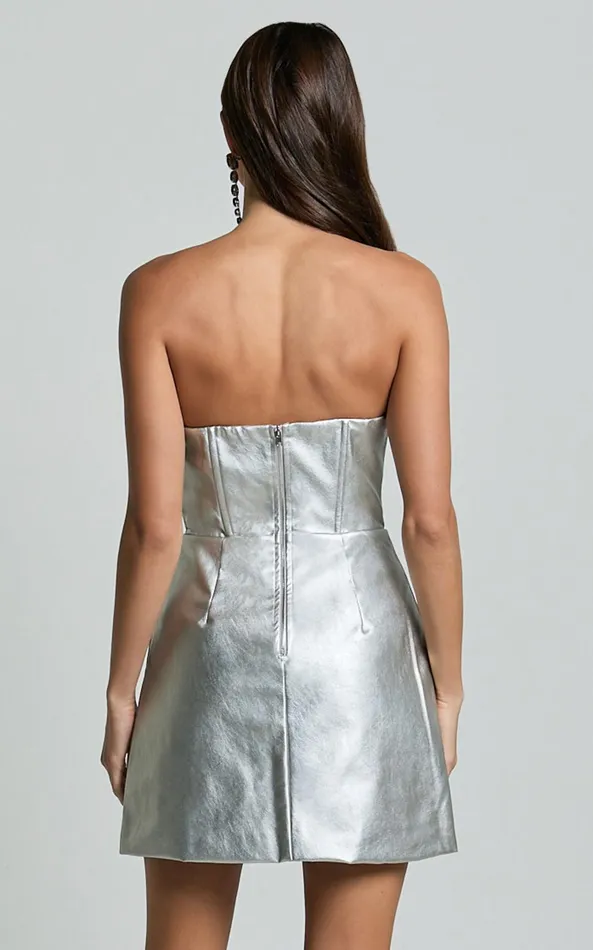 Showpo Cooper Mini Dress 8211 Metallic Strapless Dress In Silver Women Dresses