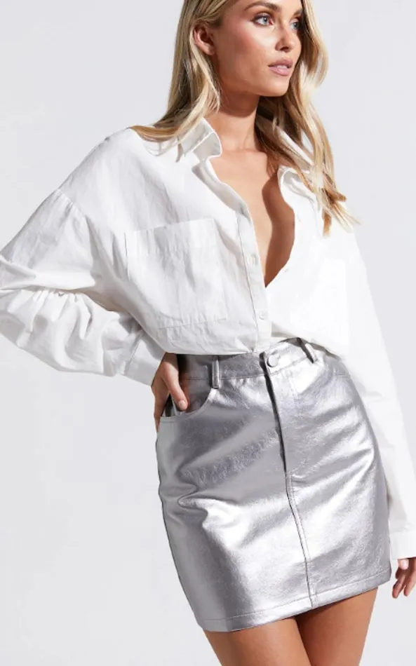 Showpo Cooper Mini Skirt 8211 Metallic High Waisted In Silver Women Skirts