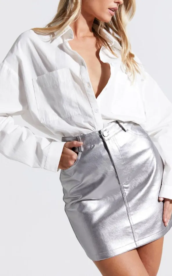 Showpo Cooper Mini Skirt 8211 Metallic High Waisted In Silver Women Skirts
