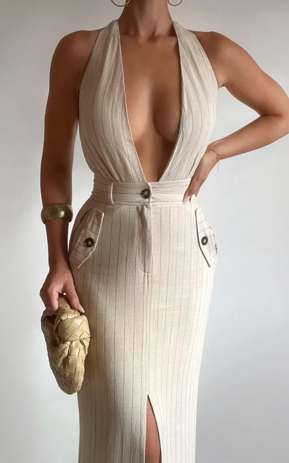 Showpo Copellia Midi Dress 8211 Linen Look Plunge Halter Neck Front Split In Natural Women Dresses Showpo Copellia Midi Dress 8211 Linen Look Plunge Halter Neck Front Split In Natural Women Dresses