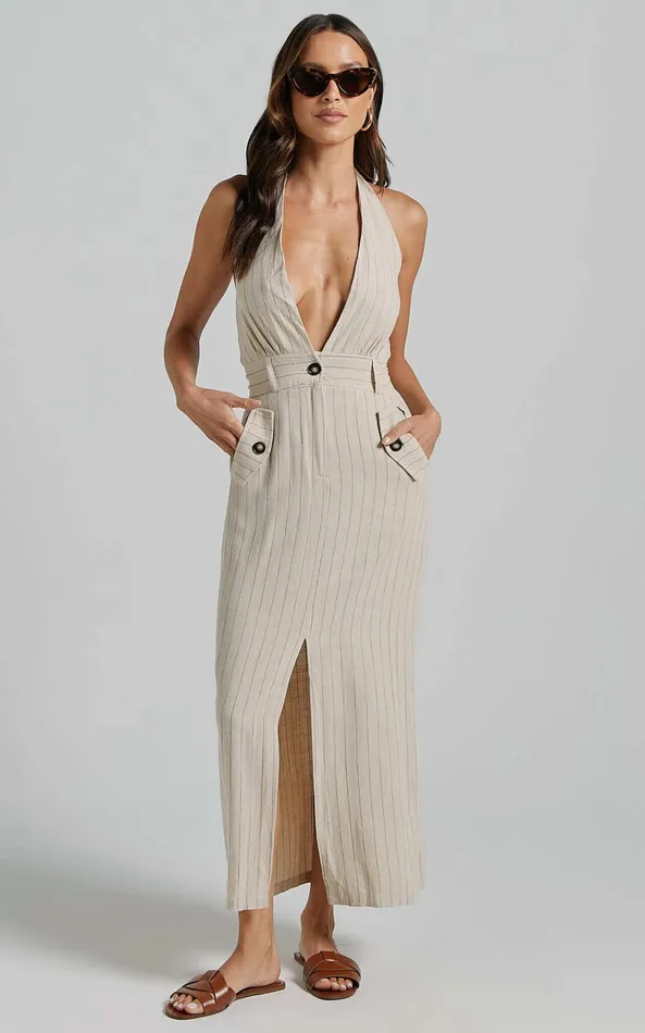 Showpo Copellia Midi Dress 8211 Linen Look Plunge Halter Neck Front Split In Natural Women Dresses