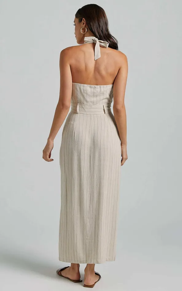 Showpo Copellia Midi Dress 8211 Linen Look Plunge Halter Neck Front Split In Natural Women Dresses