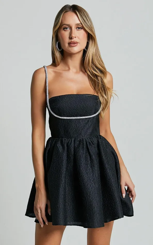 Showpo Cora Mini Dress 8211 Diamante Detail Textured Mini Dress In Black Women Dresses