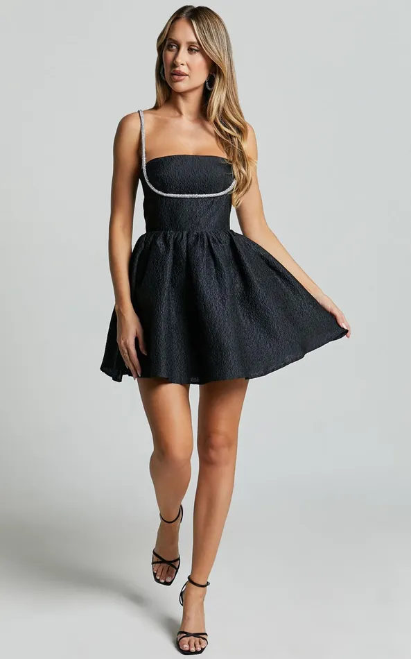 Showpo Cora Mini Dress 8211 Diamante Detail Textured Mini Dress In Black Women Dresses
