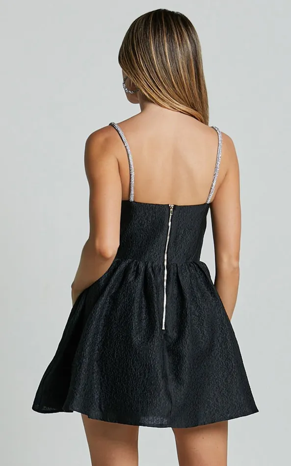 Showpo Cora Mini Dress 8211 Diamante Detail Textured Mini Dress In Black Women Dresses