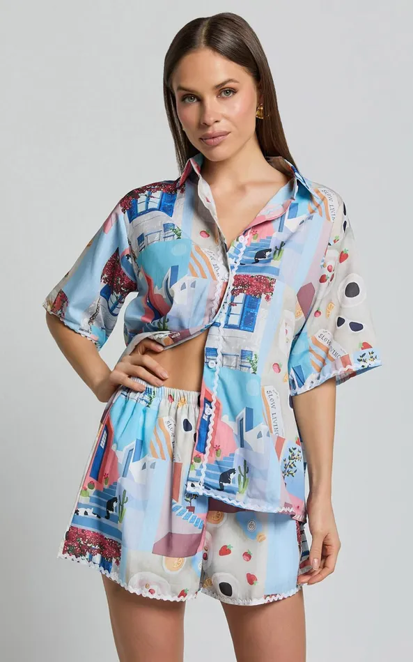 Showpo Cora Two Piece Set 8211 Scallop Trim Button Up Shirt and Short Set In Blue and Pink Print Women Two Piece Sets and Coords Showpo Cora Two Piece Set 8211 Scallop Trim Button Up Shirt and Short Set In Blue and Pink Print Women Two Piece Sets and Coords