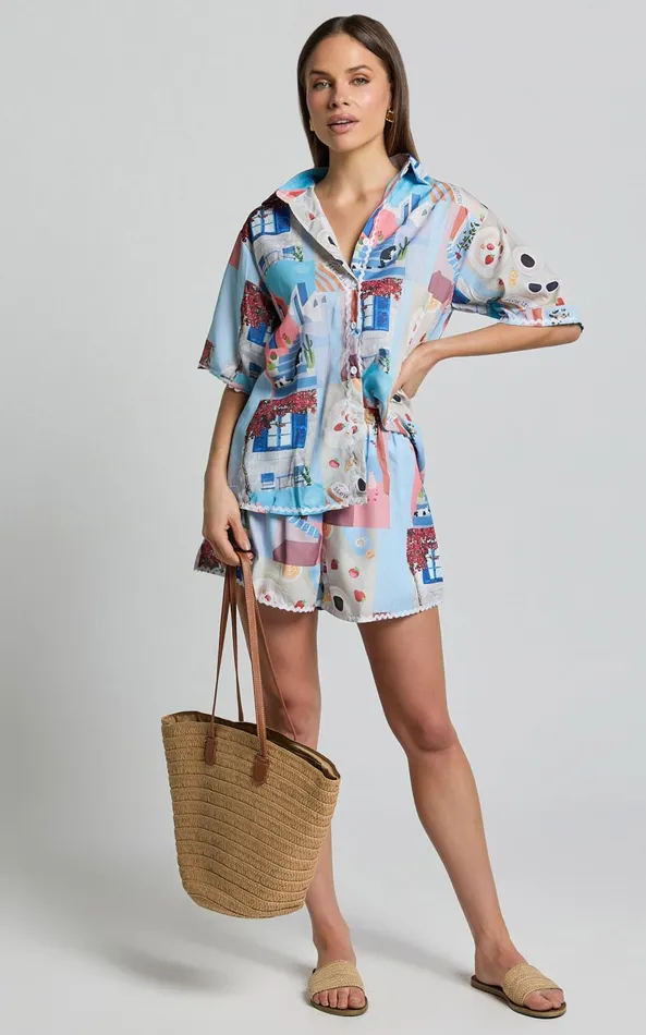 Showpo Cora Two Piece Set 8211 Scallop Trim Button Up Shirt and Short Set In Blue and Pink Print Women Two Piece Sets and Coords