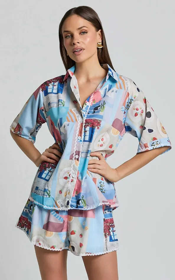 Showpo Cora Two Piece Set 8211 Scallop Trim Button Up Shirt and Short Set In Blue and Pink Print Women Two Piece Sets and Coords