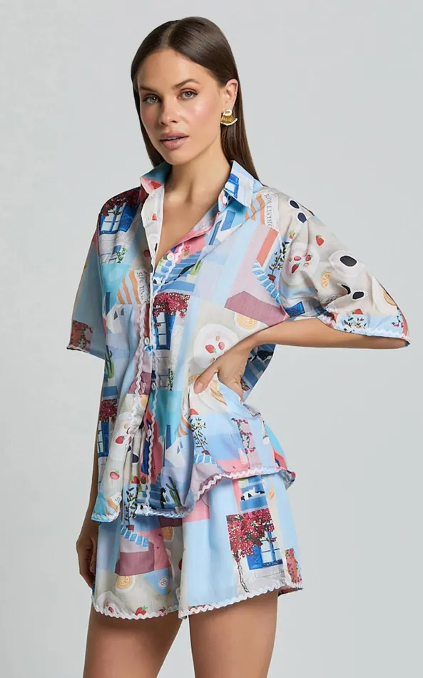 Showpo Cora Two Piece Set 8211 Scallop Trim Button Up Shirt and Short Set In Blue and Pink Print Women Two Piece Sets and Coords