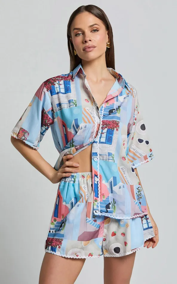 Showpo Cora Two Piece Set 8211 Scallop Trim Button Up Shirt and Short Set In Blue and Pink Print Women Two Piece Sets and Coords