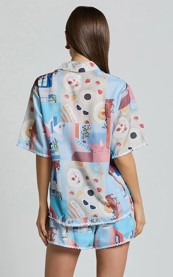 Showpo Cora Two Piece Set 8211 Scallop Trim Button Up Shirt and Short Set In Blue and Pink Print Women Two Piece Sets and Coords