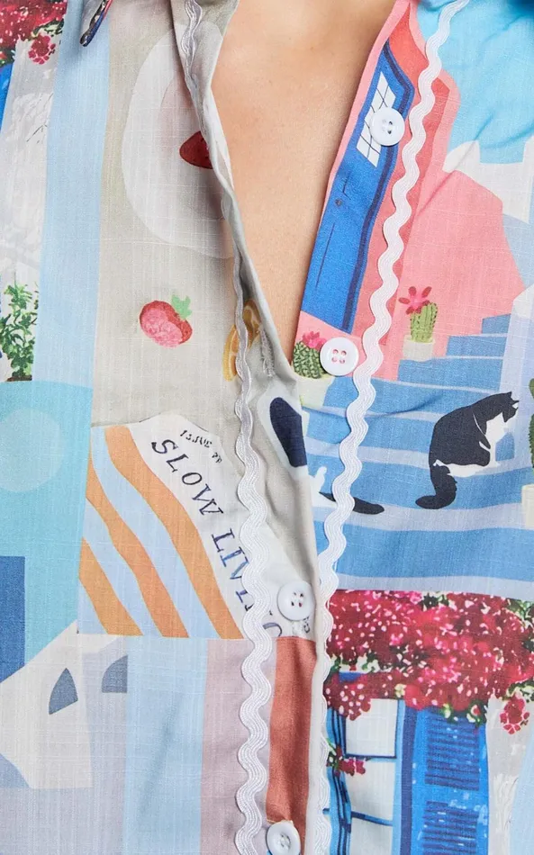 Showpo Cora Two Piece Set 8211 Scallop Trim Button Up Shirt and Short Set In Blue and Pink Print Women Two Piece Sets and Coords