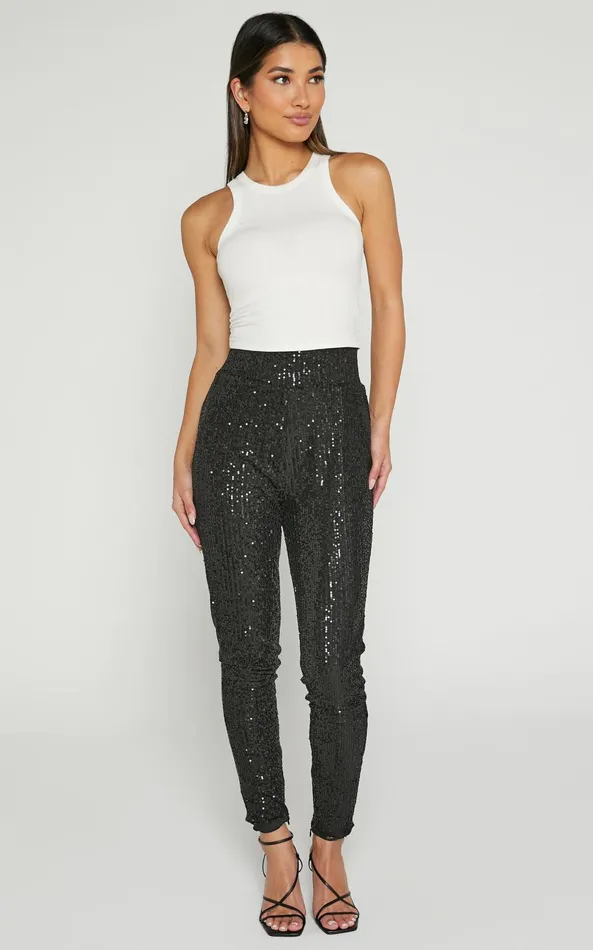 Showpo Corey Pants 8211 Sequin Leggings In Black Women Pants