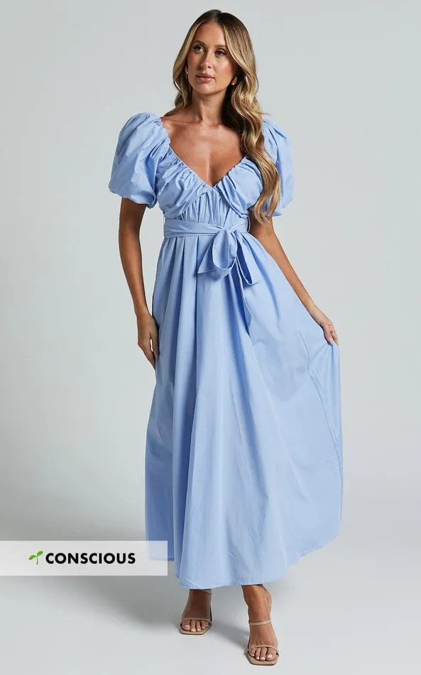 Showpo Corrie Midi Dress 8211 Puff Sleeve V Neck Tie Front Flare Dress In Blue Women Dresses Showpo Corrie Midi Dress 8211 Puff Sleeve V Neck Tie Front Flare Dress In Blue Women Dresses