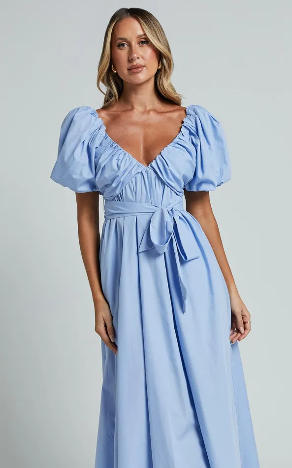 Showpo Corrie Midi Dress 8211 Puff Sleeve V Neck Tie Front Flare Dress In Blue Women Dresses