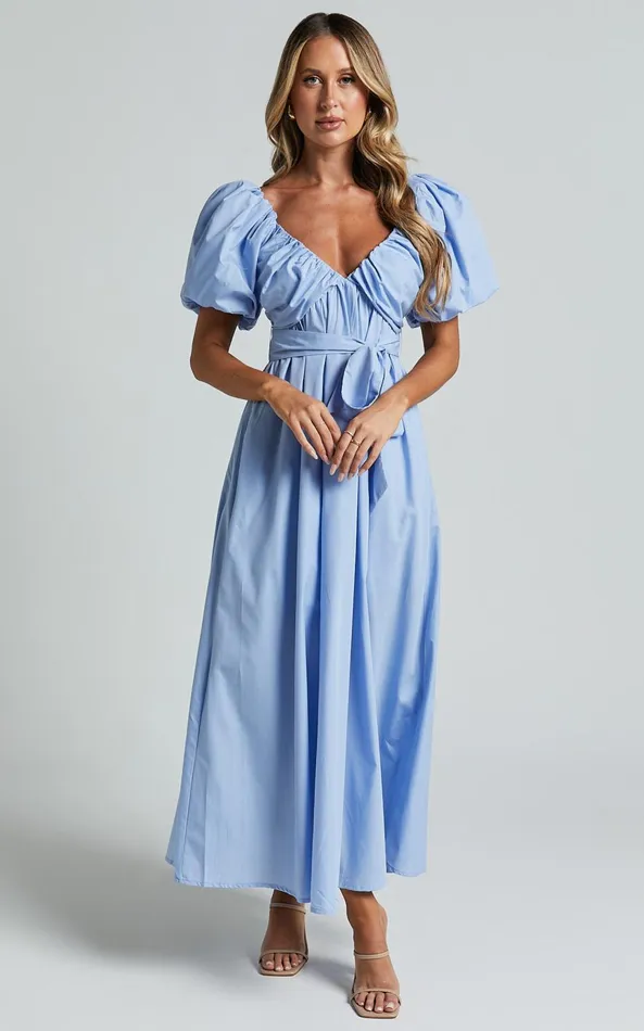Showpo Corrie Midi Dress 8211 Puff Sleeve V Neck Tie Front Flare Dress In Blue Women Dresses