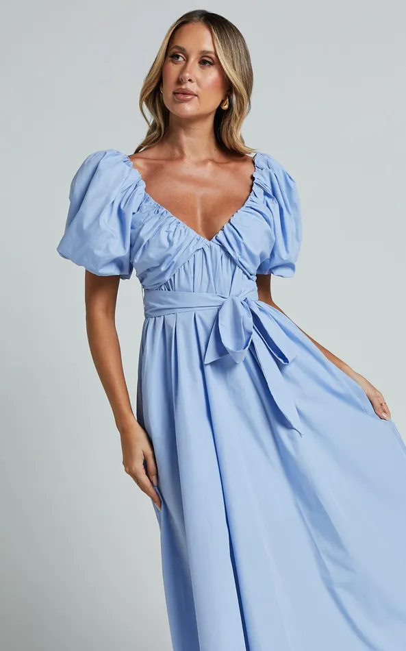 Showpo Corrie Midi Dress 8211 Puff Sleeve V Neck Tie Front Flare Dress In Blue Women Dresses
