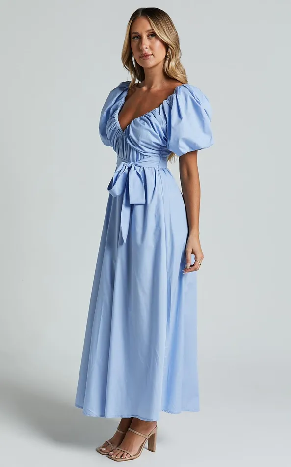Showpo Corrie Midi Dress 8211 Puff Sleeve V Neck Tie Front Flare Dress In Blue Women Dresses