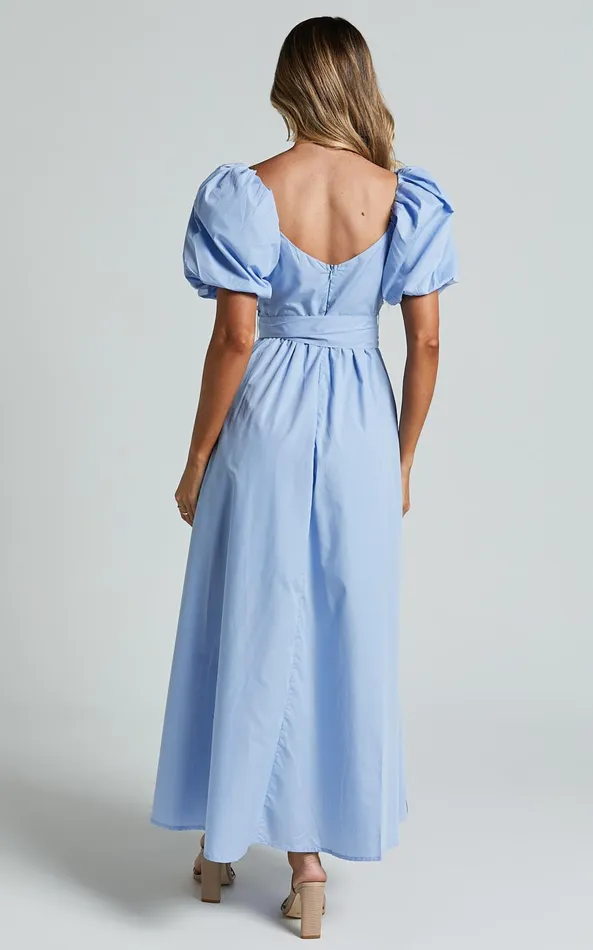 Showpo Corrie Midi Dress 8211 Puff Sleeve V Neck Tie Front Flare Dress In Blue Women Dresses
