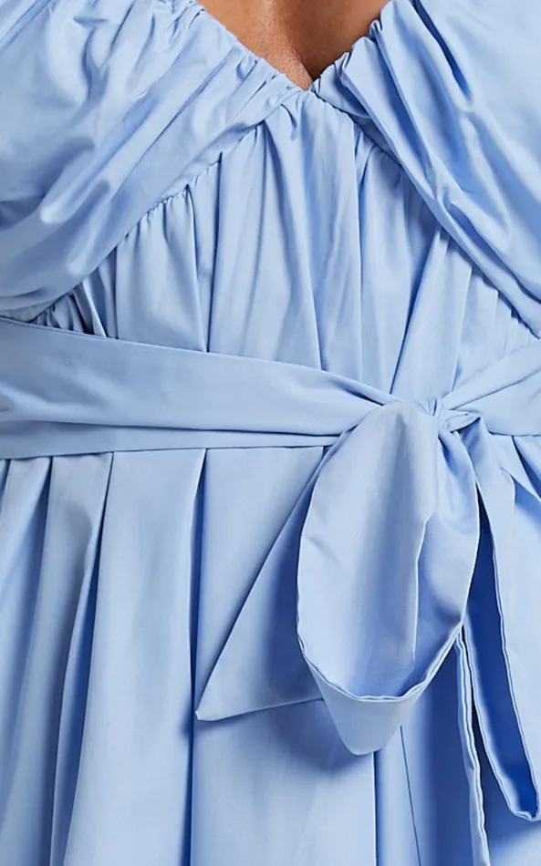 Showpo Corrie Midi Dress 8211 Puff Sleeve V Neck Tie Front Flare Dress In Blue Women Dresses