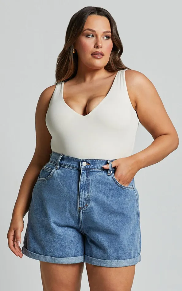 Showpo Cristiana Shorts 8211 High Waisted Cuffed Denim In Blue Women Curve Clothes