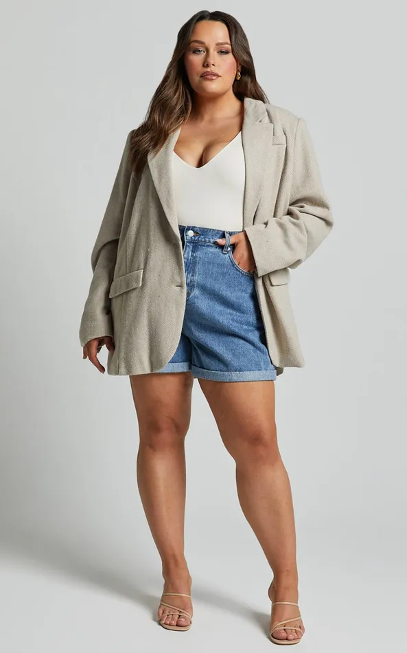 Showpo Cristiana Shorts 8211 High Waisted Cuffed Denim In Blue Women Curve Clothes