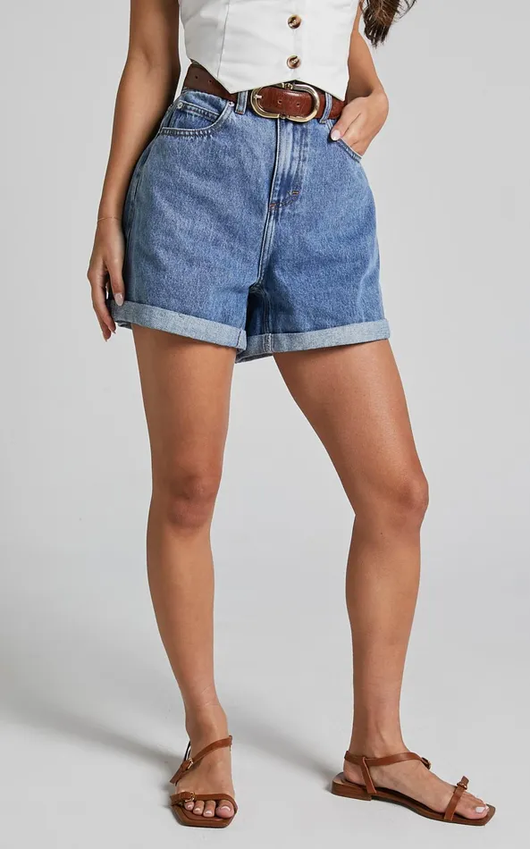 Showpo Cristiana Shorts 8211 High Waisted Cuffed Denim In Blue Women Curve Clothes