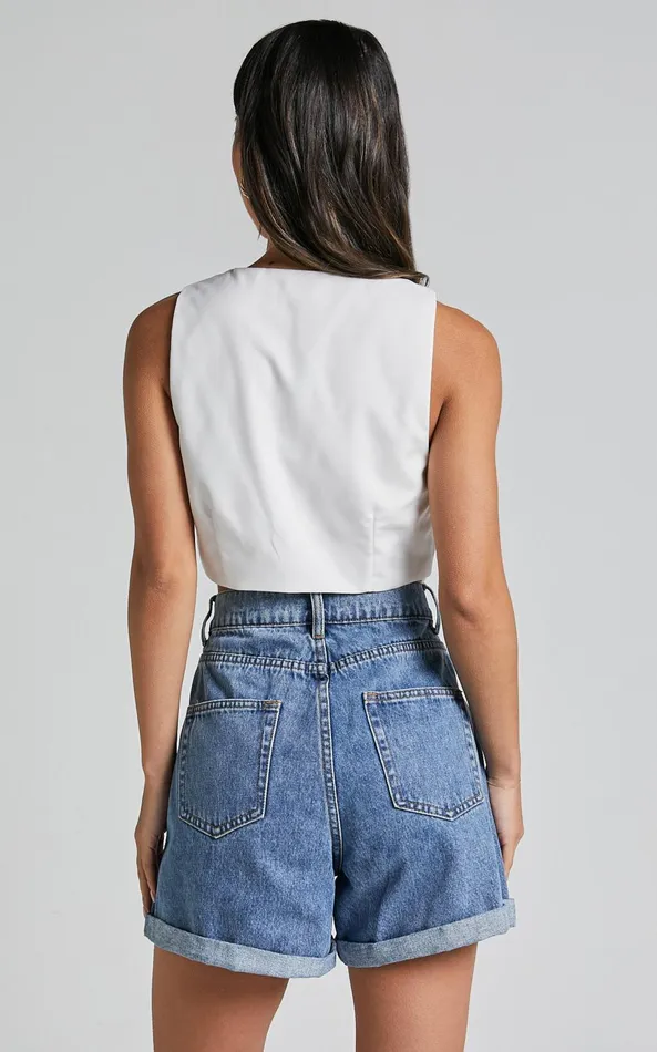 Showpo Cristiana Shorts 8211 High Waisted Cuffed Denim In Blue Women Curve Clothes