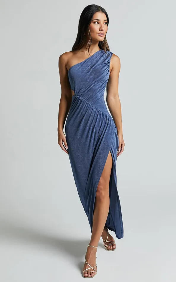 Showpo Cristle Midi Dress 8211 One Shoulder Side Cut Out Thigh Split Dress In Steel Blue Women Dresses
