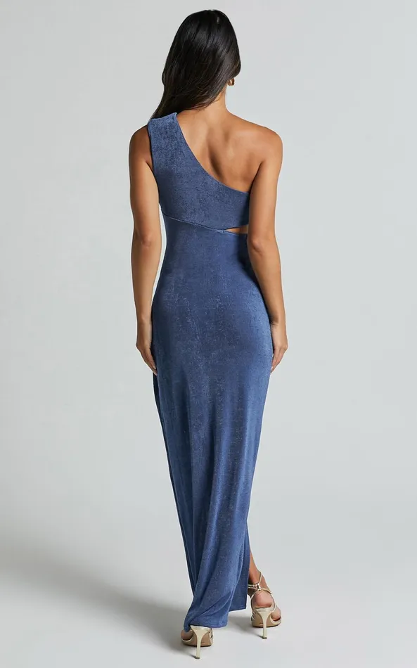 Showpo Cristle Midi Dress 8211 One Shoulder Side Cut Out Thigh Split Dress In Steel Blue Women Dresses