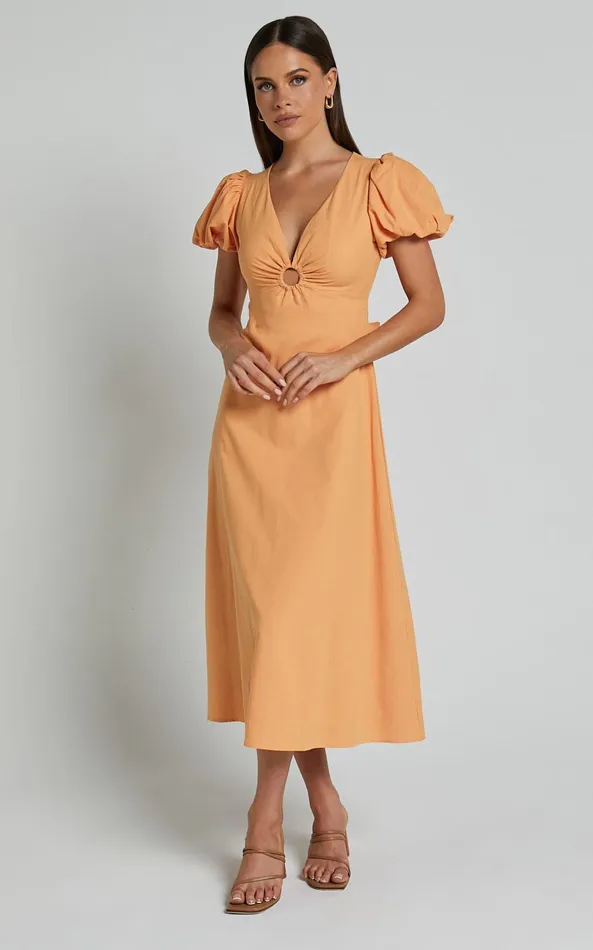 Showpo Cruz Midi Dress 8211 Puff Sleeve Ring Cut Out Dress In Sherbet Women Dresses