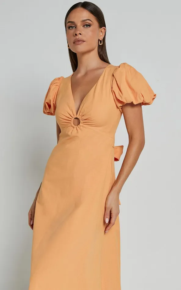 Showpo Cruz Midi Dress 8211 Puff Sleeve Ring Cut Out Dress In Sherbet Women Dresses