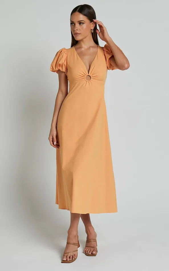 Showpo Cruz Midi Dress 8211 Puff Sleeve Ring Cut Out Dress In Sherbet Women Dresses
