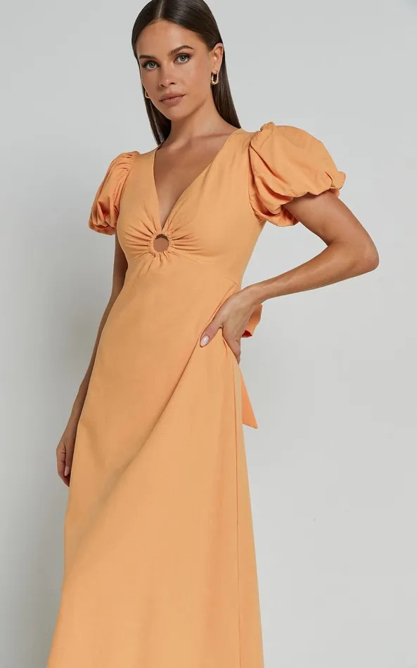 Showpo Cruz Midi Dress 8211 Puff Sleeve Ring Cut Out Dress In Sherbet Women Dresses