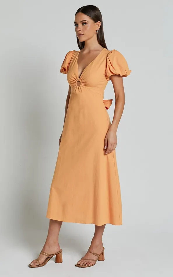 Showpo Cruz Midi Dress 8211 Puff Sleeve Ring Cut Out Dress In Sherbet Women Dresses