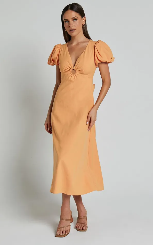 Showpo Cruz Midi Dress 8211 Puff Sleeve Ring Cut Out Dress In Sherbet Women Dresses