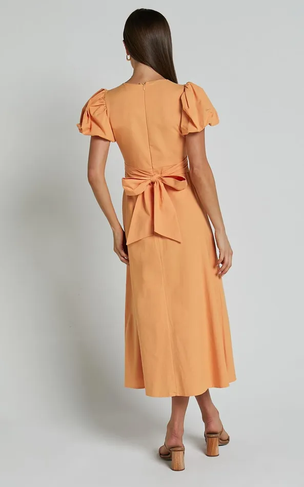 Showpo Cruz Midi Dress 8211 Puff Sleeve Ring Cut Out Dress In Sherbet Women Dresses