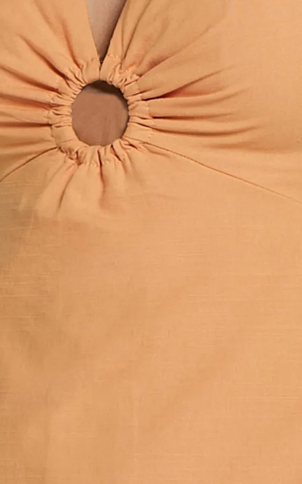 Showpo Cruz Midi Dress 8211 Puff Sleeve Ring Cut Out Dress In Sherbet Women Dresses