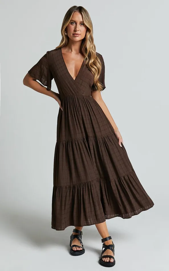 Showpo Cryzel Midi Dress 8211 Flutter Sleeve Tiered Dress In Chocolate Women Dresses Showpo Cryzel Midi Dress 8211 Flutter Sleeve Tiered Dress In Chocolate Women Dresses