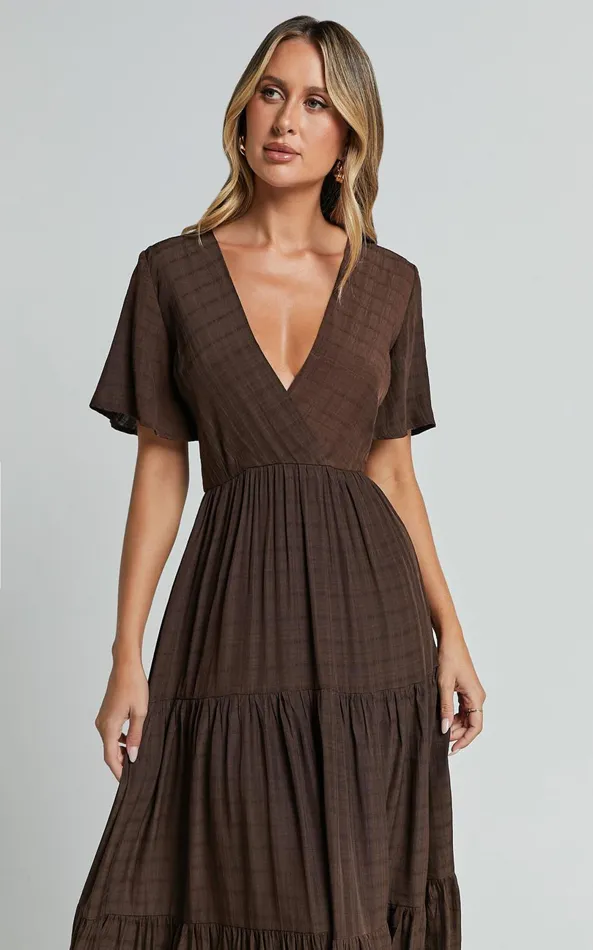 Showpo Cryzel Midi Dress 8211 Flutter Sleeve Tiered Dress In Chocolate Women Dresses