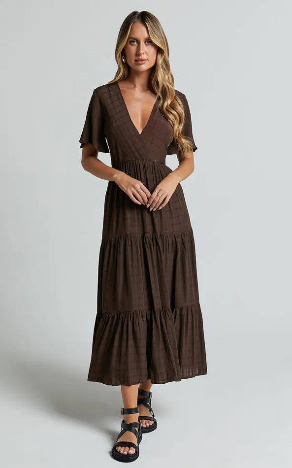 Showpo Cryzel Midi Dress 8211 Flutter Sleeve Tiered Dress In Chocolate Women Dresses