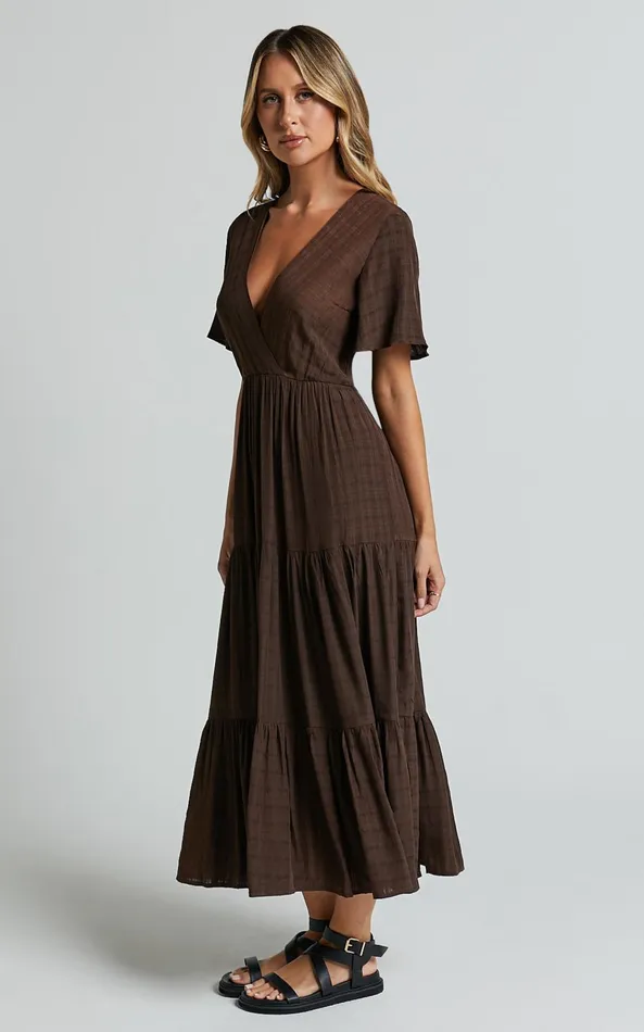Showpo Cryzel Midi Dress 8211 Flutter Sleeve Tiered Dress In Chocolate Women Dresses