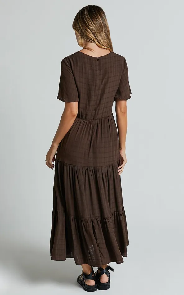 Showpo Cryzel Midi Dress 8211 Flutter Sleeve Tiered Dress In Chocolate Women Dresses