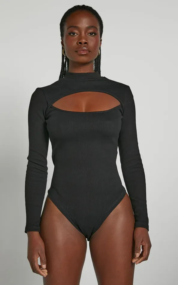 Showpo Cynlee Bodysuit 8211 Cut Out Long Sleeve Bodysuit In Black Women Tops