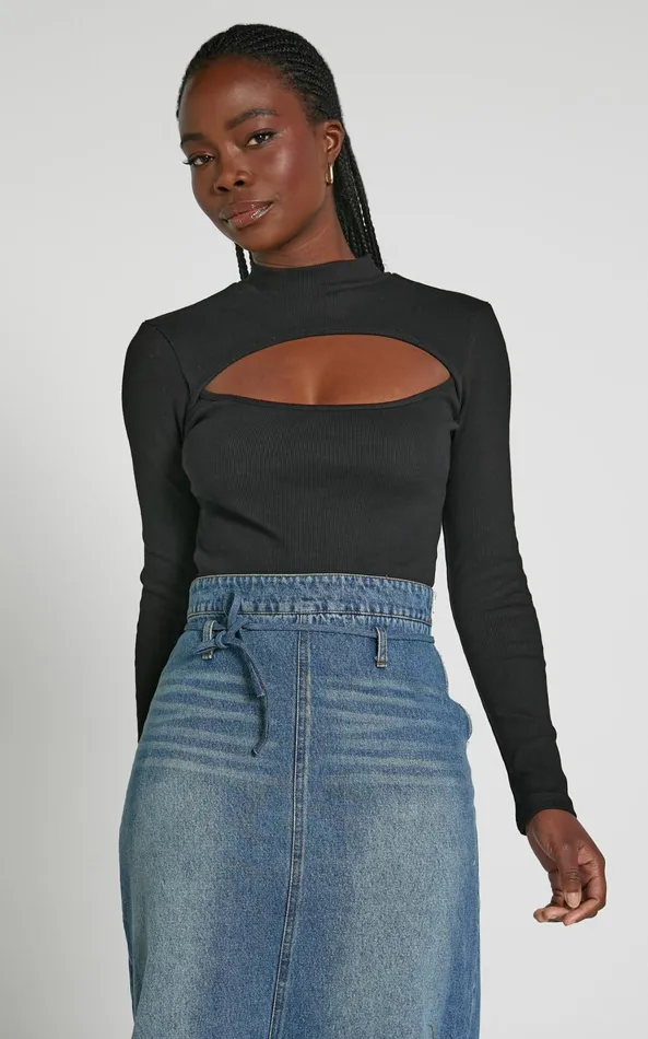Showpo Cynlee Bodysuit 8211 Cut Out Long Sleeve Bodysuit In Black Women Tops