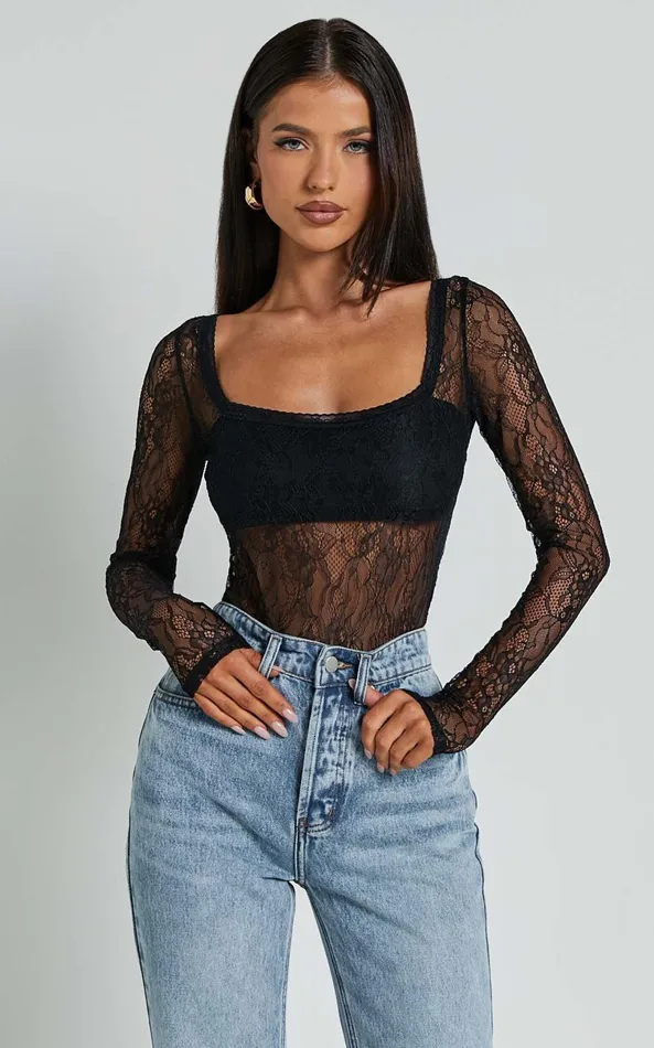 Showpo Cynthia Bodysuit 8211 Long Sleeve Lace Bodysuit In Black Women Tops